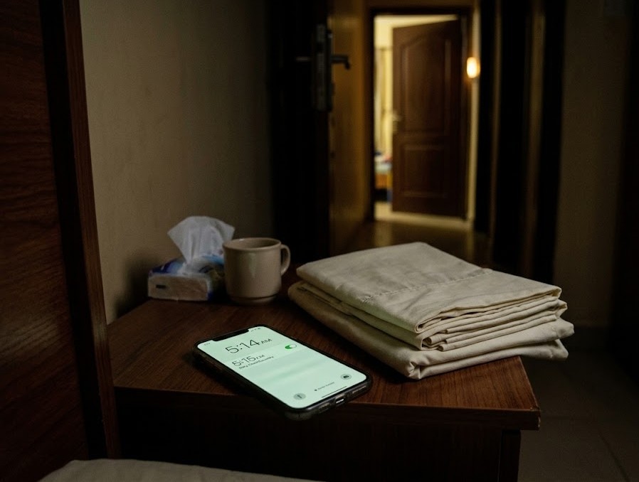 Phone showing 5:15am alarm beside folded sheets